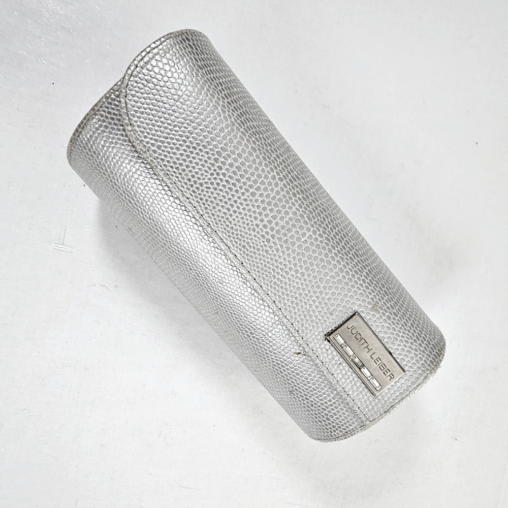 Judith Leiber Silver Lizard Embossed Crystal Logo Eyeglass Jewelry Case